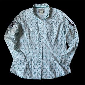 Panhandle Rough Stock Aztec Southwest Embroidered Pearl Snap Shirt Women L Teal
